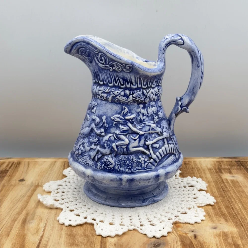 Vintage Blue and White Ceramic Relief Pitcher Tavern Scene Farmhouse Decor
